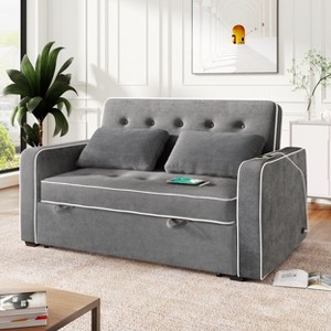 61.42"W Velvet Upholstered Pull-Out Sleeper Sofa Bed with Dual USB Ports, Adjustable Backrest & 2 Throw Pillows - ModernLuxe - 1 of 4