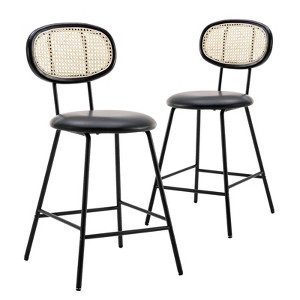Grungis 36.8"H Faux Leather Counter Height Bar Stools,Counter Bar Height Stools with Rattan Backrest,Metal Dining Chair for Kitchen,Set of 4,Black - 1 of 4