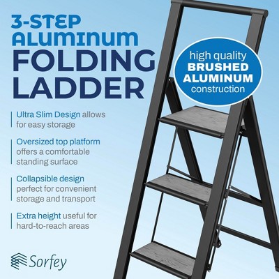 3-Step Black and Gray Steel Foldable Step Ladder