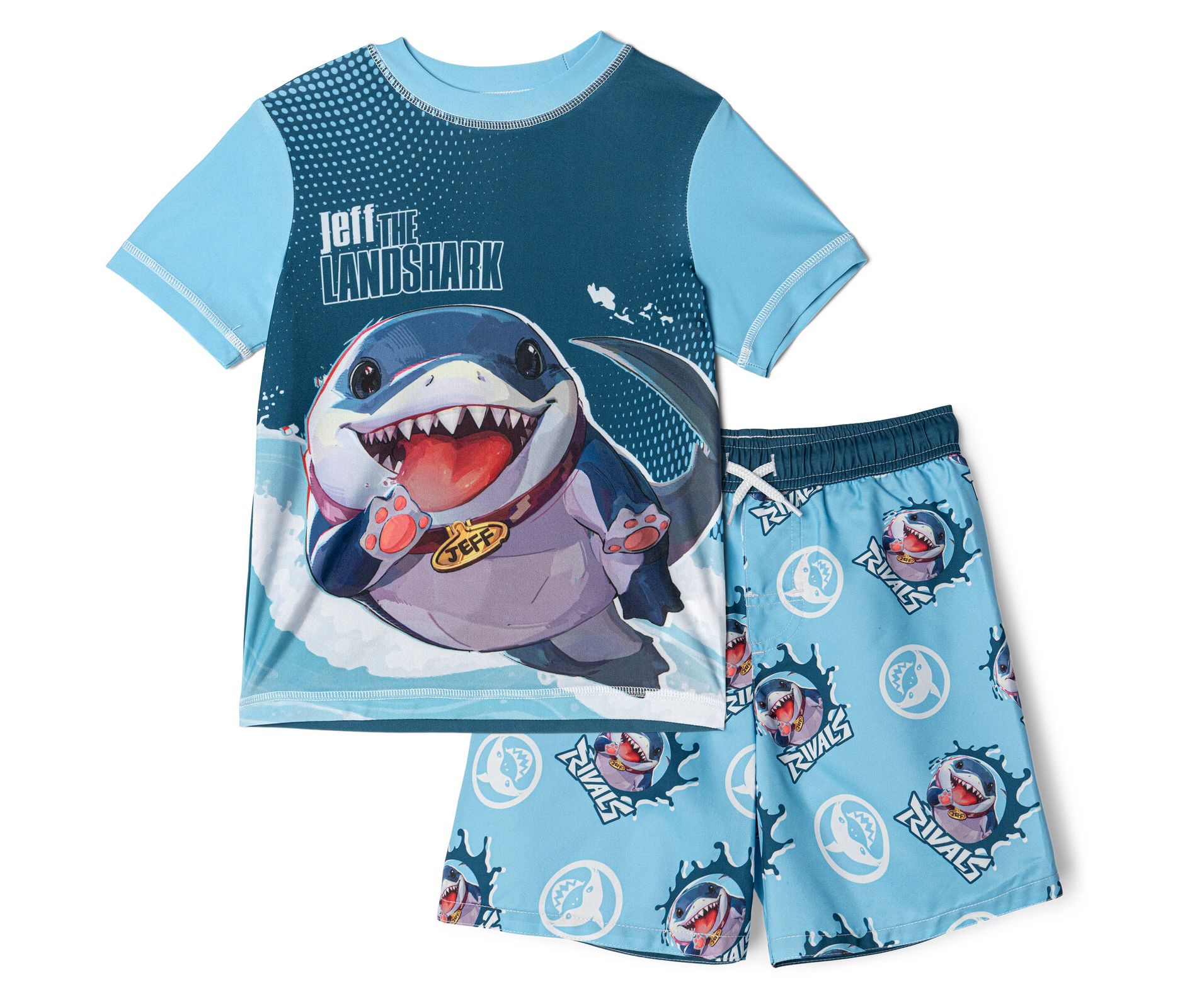 Marvel Rivals Jeff the Land Shark Little Boys Rash Guard and Swim Trunks UPF 50+ Outfit Set Blue Jeff 5-6