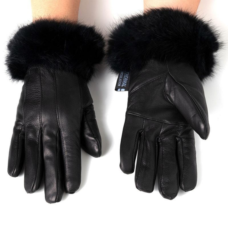 Alpine Swiss Womens Leather Dressy Gloves Faux Fur Trim Cuff Thermal Lining, 5 of 7
