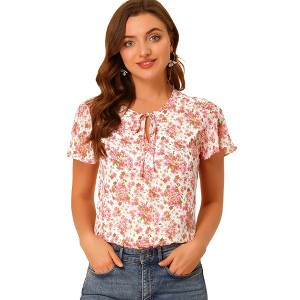 Allegra K Women's Casual Tie Neck Short Sleeve Ruffled Floral Tops - 1 of 4