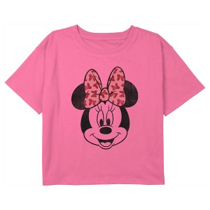 Girl's Mickey & Friends Minnie Mouse Distressed Pink Bow Crop T-Shirt - 1 of 3