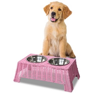 THE LICKER STORE Serenity 6.9" Small/Medium Elevated Wicker Pet Feeder w/ 18oz (2.2 Cups) 2-Stainless Steel Bowls - 1 of 4