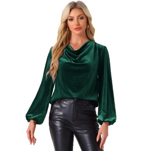Allegra K Women's Velvet Cowl Neck Lantern Sleeve Tops - 1 of 4