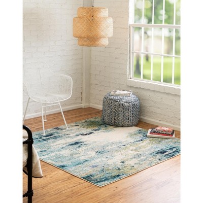 Luminous Harmony 4' Square Light Blue & Beige Abstract Synthetic Rug