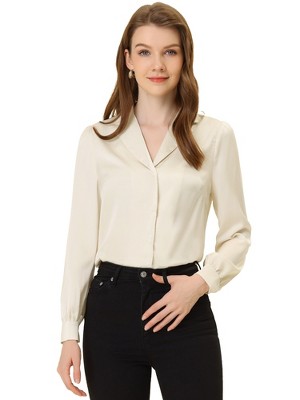 Allegra K Women's Elegant Collar V Neck Long Sleeve Work Office Satin Button Down Shirt