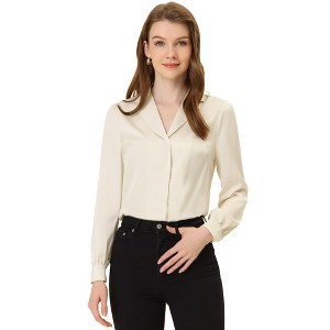 Allegra K Women's Elegant Collar V Neck Long Sleeve Work Office Satin Button Down Shirt - 1 of 4