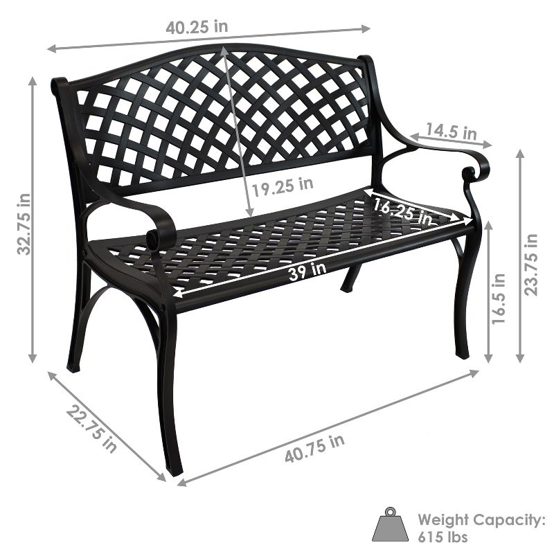 Sunnydaze 2-Person Checkered Design Cast Aluminum Outdoor Patio Bench, Black, 6 of 15