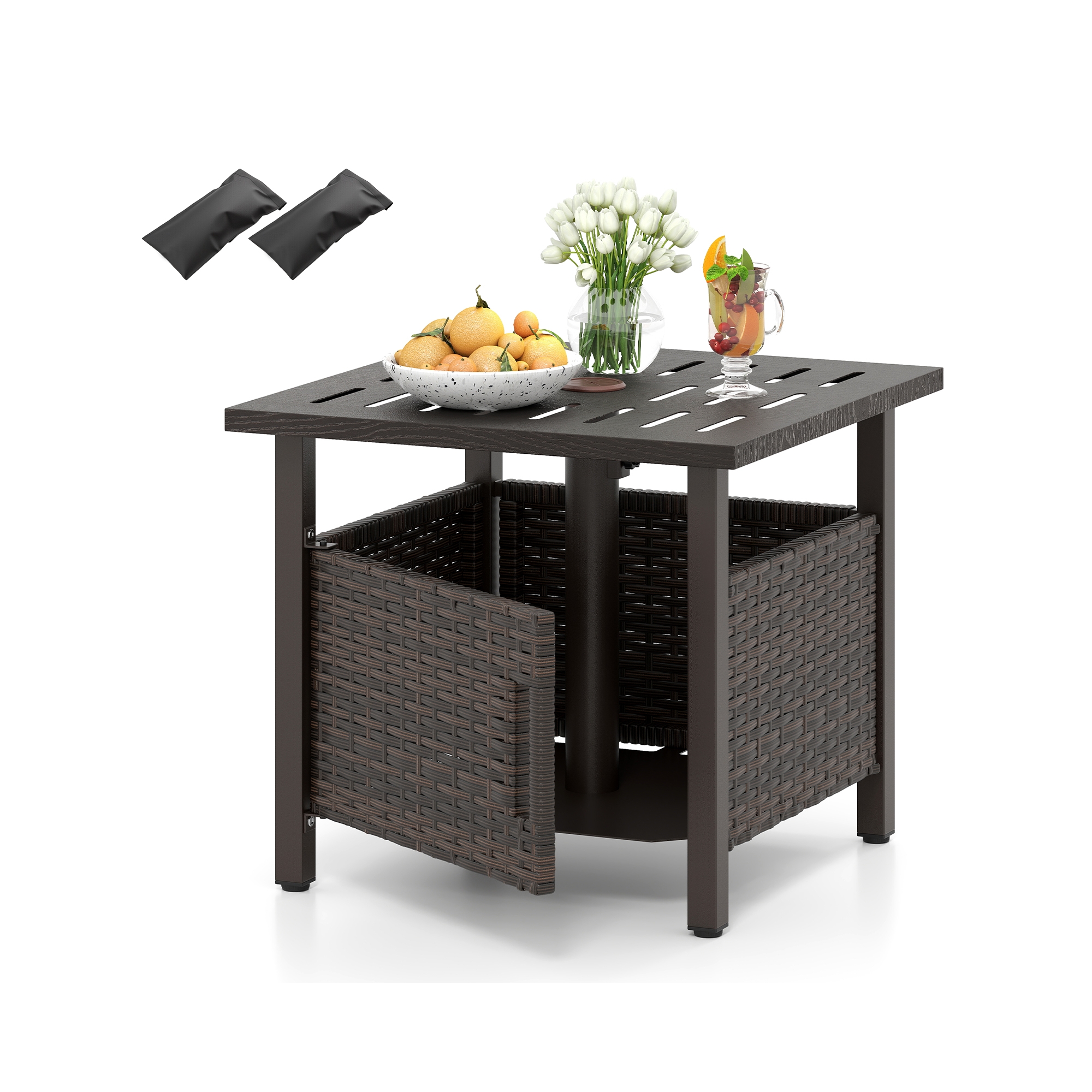 Costway Outdoor Side Table w/ 1.93"Umbrella Hole Patio Umbrella Stand w/ 2 Sand Bags