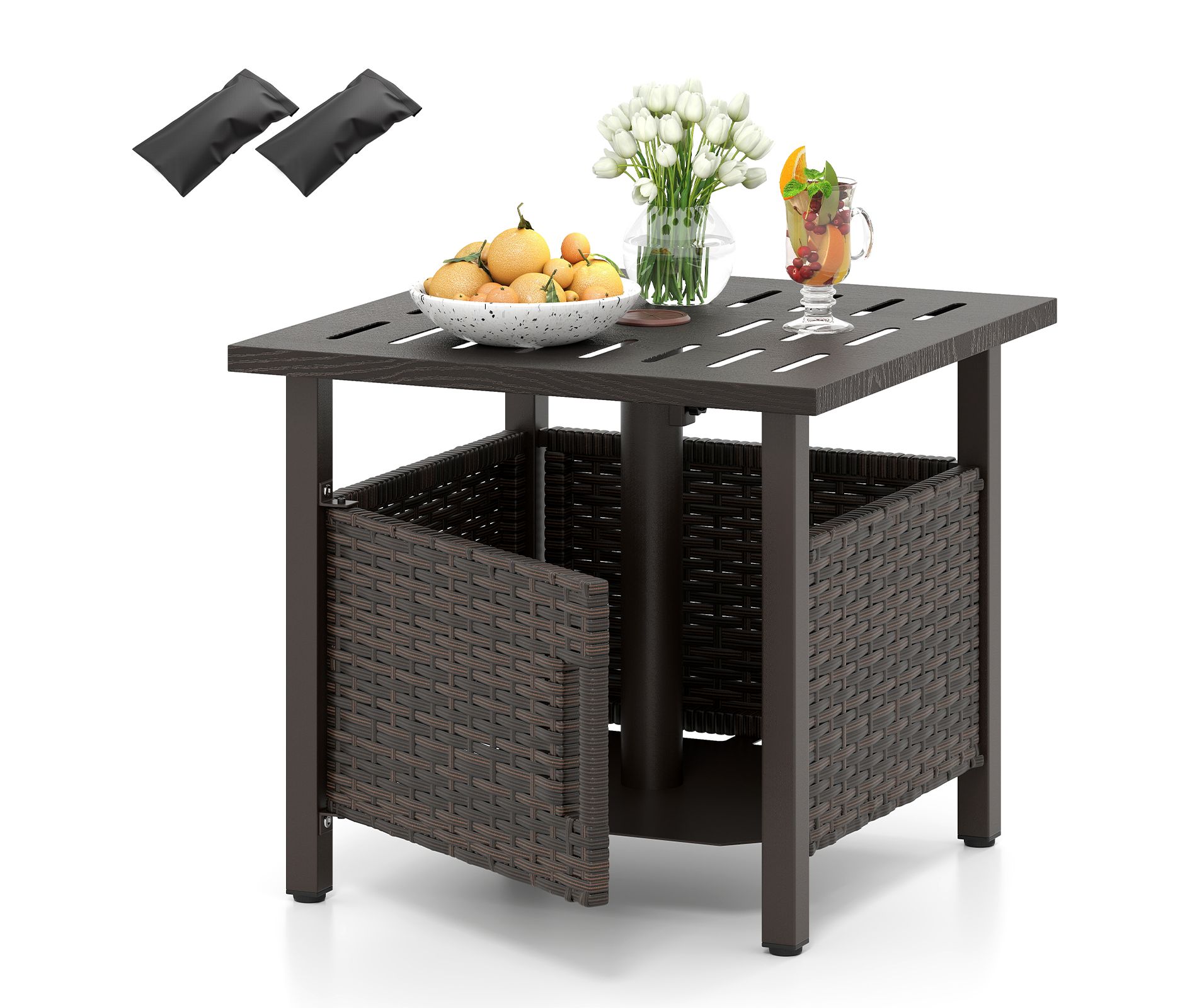 Tangkula Outdoor Side Table w/ 1.93"Umbrella Hole Patio Umbrella Stand w/ 2 Sand Bags