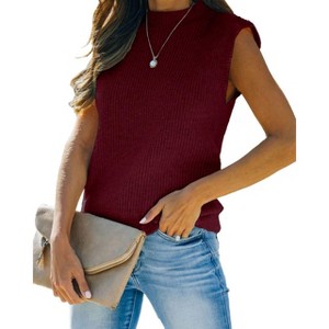 BLUEMING Sweater Vest for Women Summer Pullover Cap Sleeve Rib Knit Tops Mock Neck Sweater Tank Tops Sleeveless Summer Tops - 1 of 3