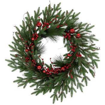 Northlight Red Berries and Pine Christmas Wreath with Ornaments, 32-Inch, Unlit