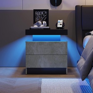 1 Piece Nightstand LED Bedside Table Cabinet with 2 End Side Drawers and Lights Modern Gray - 1 of 4