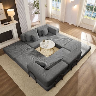 Kumasinova Modern Upholstered Sectional Sofa Couch Set, Oversized Modular Corduroy Sofa with 6 Pillows, DIY Configurable, Non-Slip Design