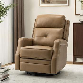 Basilio 28.74" Wide Tufted Wooden Upholstery Genuine Leather Swivel Rocker Recliner with Nailhead Trims | ARTFUL LIVING DESIGN