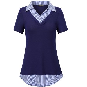 Women's Short Sleeve V-Neck Contrast Collared Shirts Patchwork Work Blouse Tunics Tops - 1 of 4