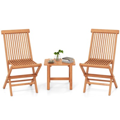 Tangkula 3 PCS Folding Patio Bistro Set Teak Wood Table & Chairs w/ Slatted Tabletop