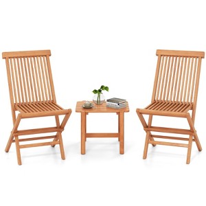 Tangkula 3 PCS Folding Patio Bistro Set Teak Wood Table & Chairs w/ Slatted Tabletop - 1 of 4