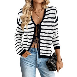 Women's Long Sleeve Striped Cardigan Sweaters Button Down Cable Knit Tie Front Cardigan Classy Outwear - 1 of 2