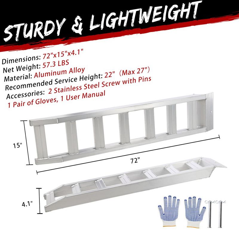 Aluminum Trailer Ramps, 8810 lbs Heavy-Duty Truck Ramps with Top Hook Attaching End, Universal Loading Ramp 72" L x 15" W, 2Pcs, 3 of 6