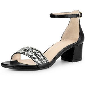 Allegra K Women's Rhinestone Ankle Strap Buckle Closure Chunky Heels Sandals - 1 of 4