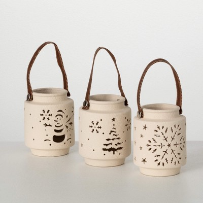 5"H Sullivans Christmas Stoneware Winter Lantern Set of 3, Cream, Indoor Christmas Decor