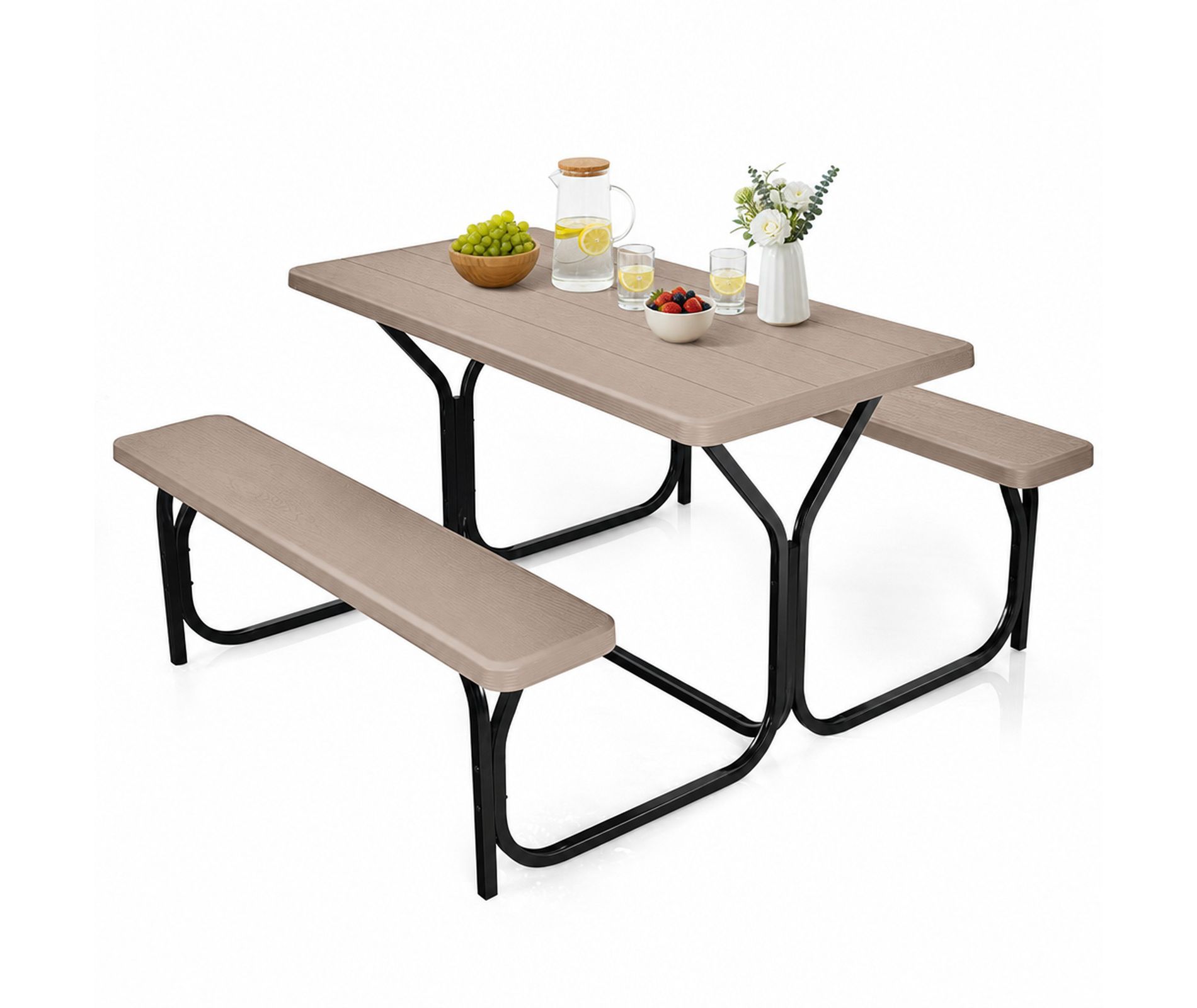 Outdoor Picnic Table and Bench Set 54 Inch with Wood Grain HDPE Top and Metal Base, Brown