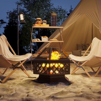 Hexagonal Black Steel Wood-Burning Fire Pit with Grill