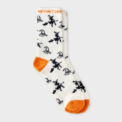 Women's "Hey Witches" Halloween Cozy Crew Socks - Hyde and EEK! Boutique™ Ivory/Black/Orange 4 - 10