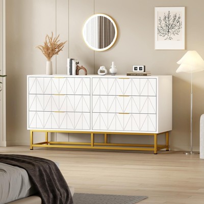 6 Drawer Dresser for Bedroom, Modern Chests of Drawers with Golden Metal Legs and Handles, Large Closet Dresser for Entryway, Living Room
