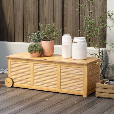 Natural Acacia Wood Outdoor Deck Box with Wheels, 48 Gallon