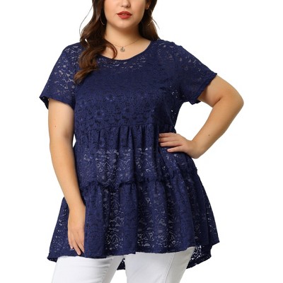 Agnes Orinda Women's Plus Size Tiered Lace Allover Round Neck Short Sleeve Mesh Peplum Blouses