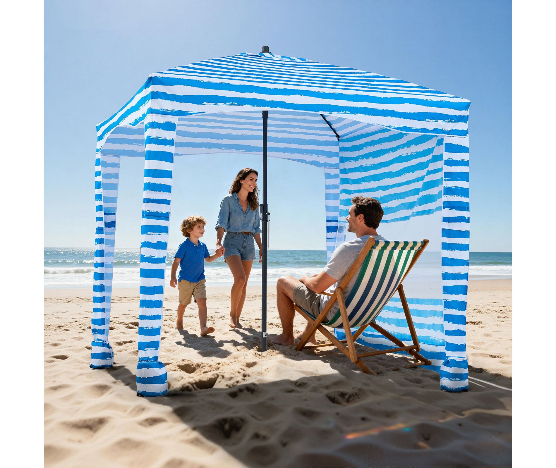 6 x 6 ft Beach Cabana Canopy with Side Wall and Sand Pockets, UPF 50+ Sun Shelter Blue and White