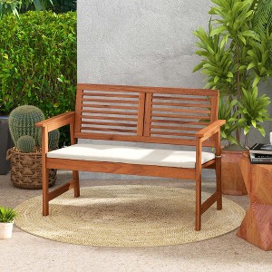 Costway Patio Bench Outdoor Solid Wood Loveseat Chair with Backrest & Cushion Porch Garden - 1 of 4