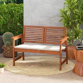 Costway Patio Bench Outdoor Solid Wood Loveseat Chair with Backrest & Cushion Porch Garden