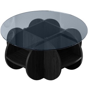 Dolonm 31.5" Round Coffee Table w/4 Storage Shelves: Tempered Glass Top & Walnut MDF Frame, Space-Saving for Small Apartments - 1 of 4