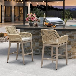 PURPLE LEAF Outdoor Rattan Bar Stools Set of 2 Modern Boho Aluminum Patio Bar Height Chair with Cushion for Garden Outdoor and Indoor - 1 of 1