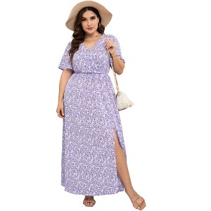 Coolmee Women's Plus Size Maxi Dress Wrap V Neck Short Sleeve High Waist Side Split Flowy A Line Casual Elegant Floral Long Dress - 1 of 4