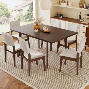 JANSNO 7-Piece Modern Dining Set with Solid Wood Rectangular Table & Linen Upholstered Chairs - 1 of 4