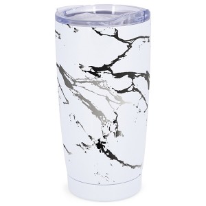 Elanze Designs 20 oz Stainless Steel On the Go Insulated Travel Tumbler With Push Top Lid, Silver Tone Marble Print White - 1 of 4