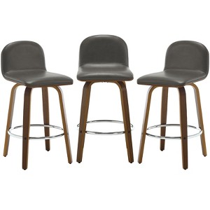 Bekrvio 26" Swivel Counter Height Bar Stools Set of 3 – Mid-Century Modern Upholstered PU Leather & Walnut Bentwood Legs, for Kitchen Island (Gray) - 1 of 4