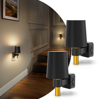 YANSUN 1W Light-Control Plug-In Night Light with Black Plastic Electroplated Round Shade, Up-Down Illumination, Warm 3000K