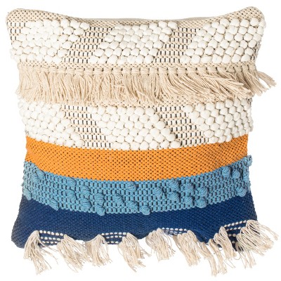 DEERLUX "16"" Boho Handwoven Cotton Throw Pillow with Tassels, Blue"