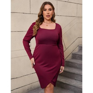 YesFashion Women's Plus Size Cocktail Dress Comfortable Long Sleeve Wedding Guest Square Neck Semi Formal Dress - 1 of 4