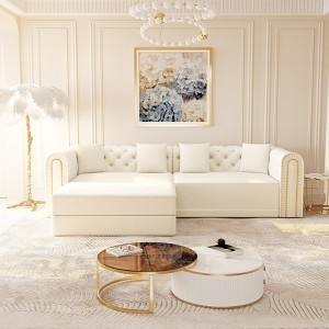 AENKYO 3-in-1 Convertible Sleeper Sofa, 91" L-Shaped Velvet Couch with Movable Ottoman & Gold Trim, Chesterfield Design - 1 of 4