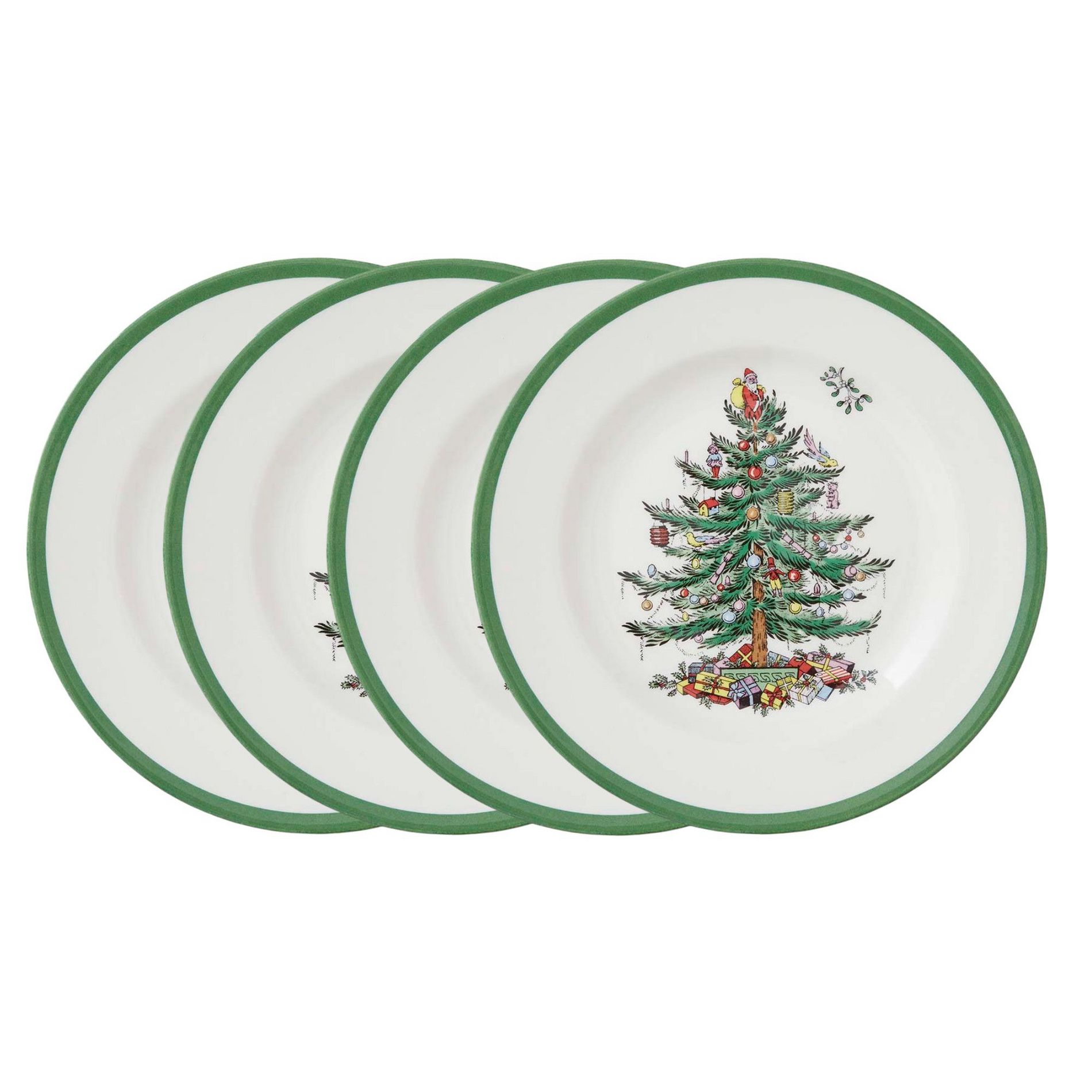 Spode Christmas Tree 8 Inch Salad Plates, Set of 4, Holiday Earthenware Tableware Gift, Festive Small Dinner Plate, Made in England