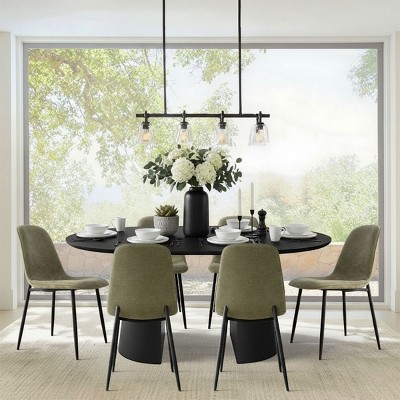 Extendable Dining Table Set for 6, Black Oval Pedestal Table with Upholstered Metal Leg Chairs for Kitchen or Dining Room-Tanpinhause