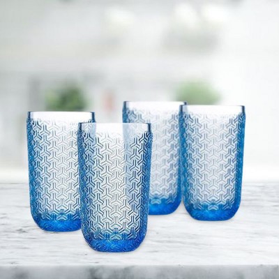 Blue Geometric Textured 14oz Highball Glass Set