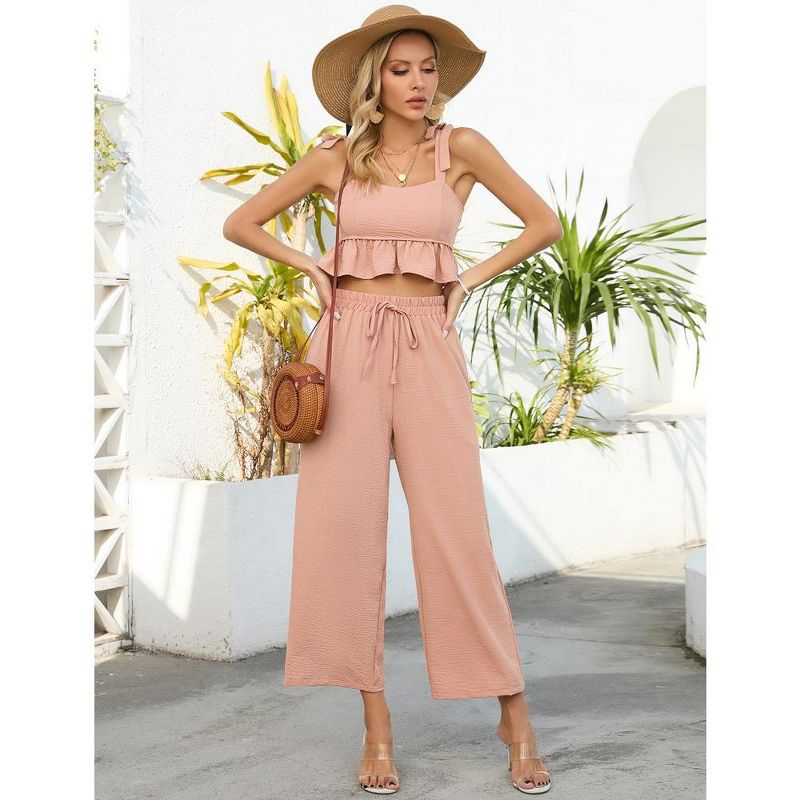 Women's 2 Piece Tracksuit Sleeveless Square Neck Linen Tank Crop Top Wide Leg Pants Matching Sets Summer Outfits, 5 of 9